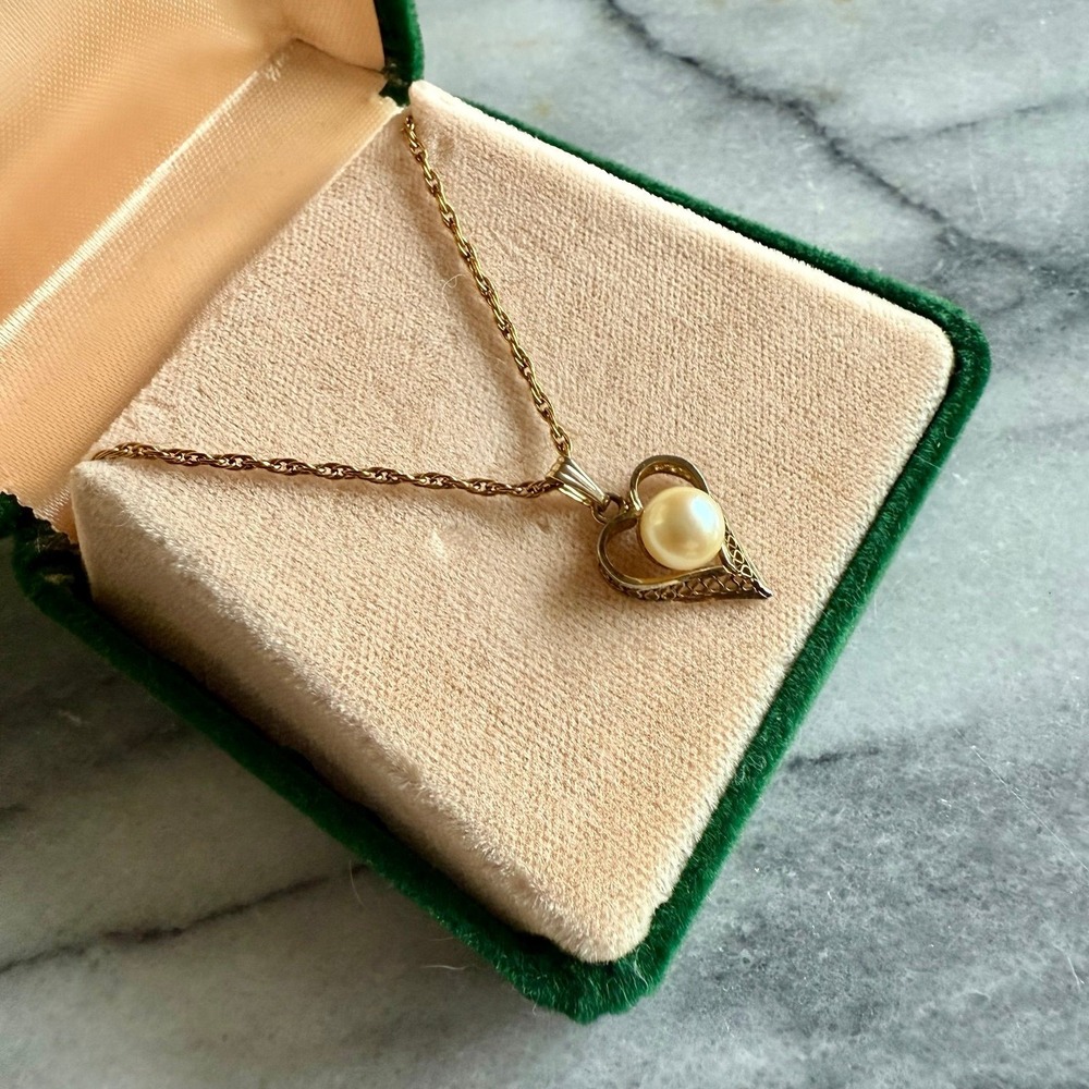 Vintage Heart Necklace 12K Gold Pearl 20" Chain 1/20 Antique Gold Pretty